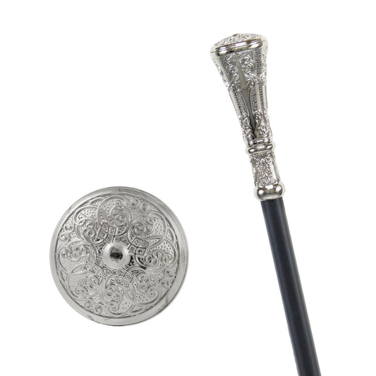 White Round Metals Carving Walking Stick
